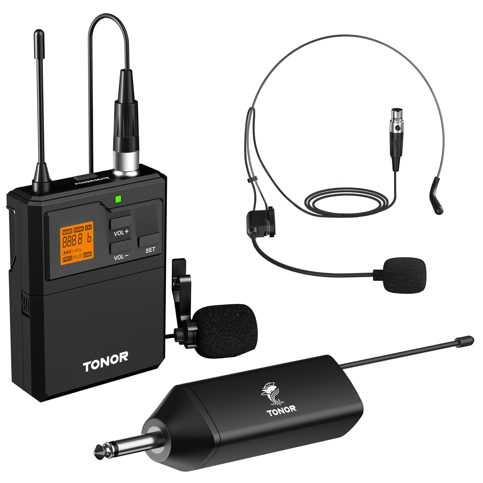 UHF Wireless Microphone with Microphone Headband/Lavalier Lapel Pocket Mic, Bodypack Transmitter and Mini Receiver 1/4 Inch Output, 60M for Live Performances Meetings Church Speech