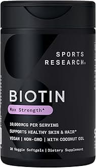 Sports Research® Biotin 10,000mcg with Organic Coconut Oil - Biotin (Vitamin B7) for Healthy Skin and Hair Support* - for Women and Men - Vegan, Non-GMO, Gluten & Soy-Free - 30 Veggie Softgels
