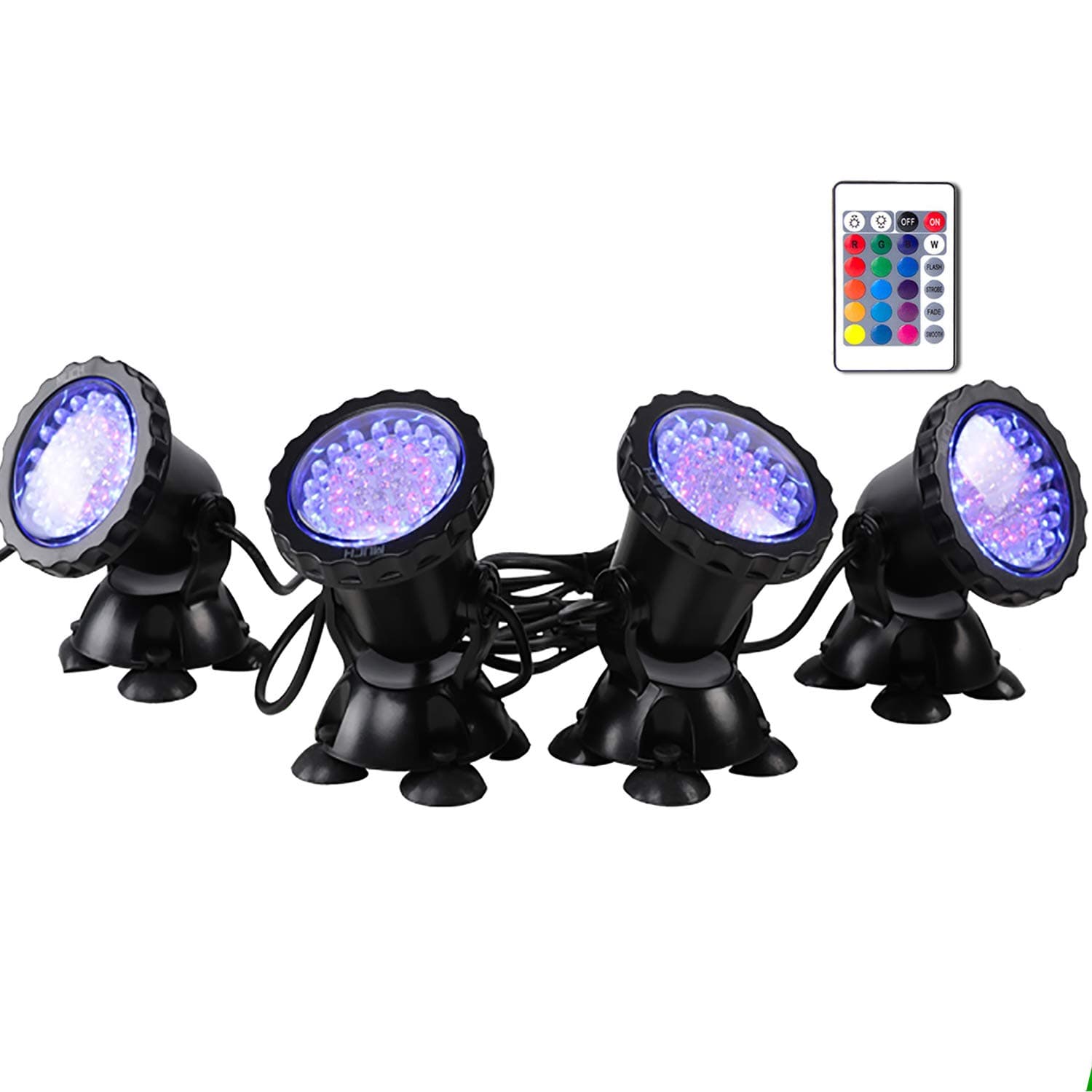 MUCH Underwater Pond Light Remote Control Waterproof IP 68 Submersible Spotlight with 36 LED Bulbs 7.5 W Multi-Color Spot Light for Aquarium Garden Pond Aquarium Tank Fountain Waterfall (Set of 4)