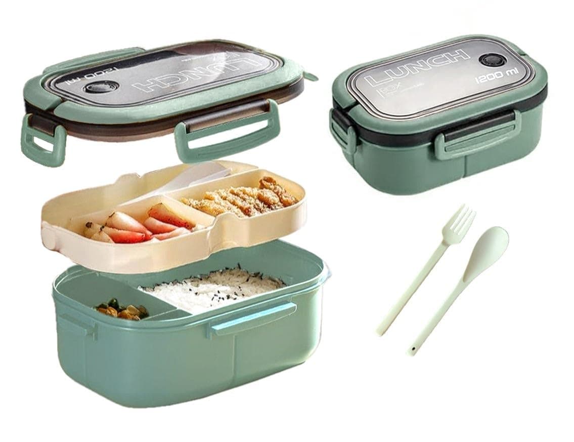 Lunch Box, Bento Box, 1200 ml/40 OZ Leak Proof Food Container, 2 layers Lunch Box, With Reusable Cutleries, Microwave Safe Lunch Box (Green)