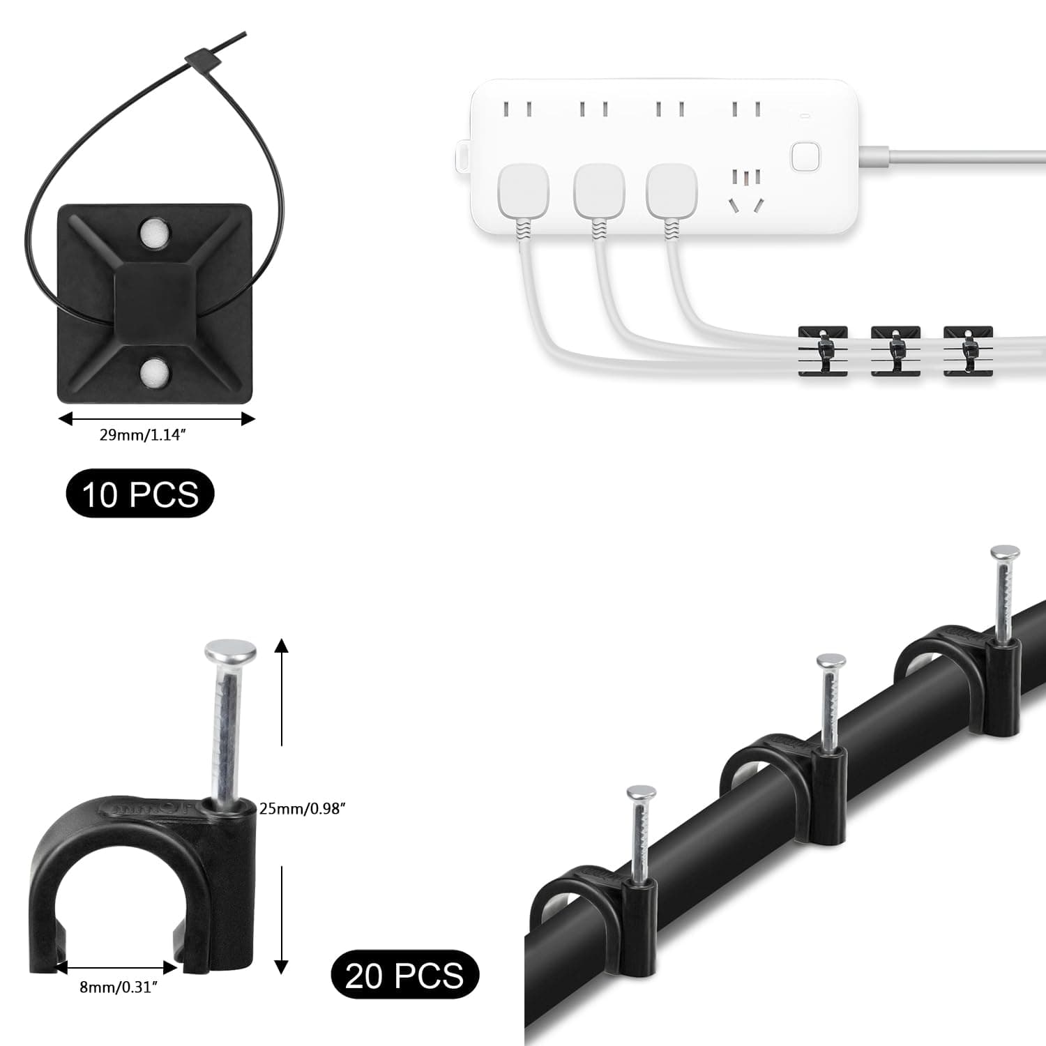 SOULWIT Cable Management Kit, 4 Cable Sleeves, 3 Clips Cable Organizer, 10 + 2 Cable Ties Extender, 15 Adhesive Cable Clips, 100 Cable Ties