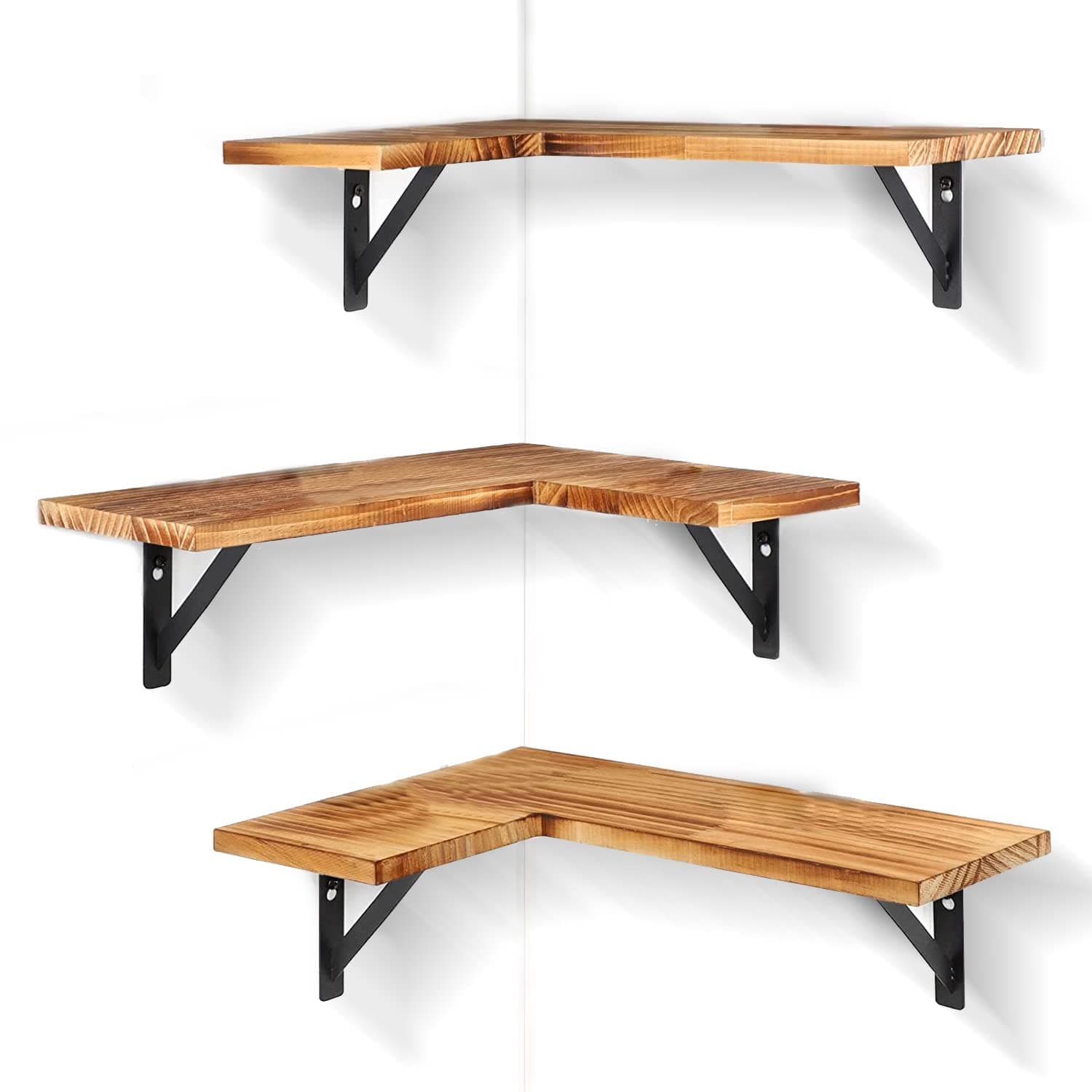 Occuwzz® Set of 3 L-Shape Solid Wood Wall Corner Floating Shelves, Rustic Wall-Mounted Home Display Organizer Hanging Storage for Bedroom Living Room Bathroom Kitchen Kids Room Office