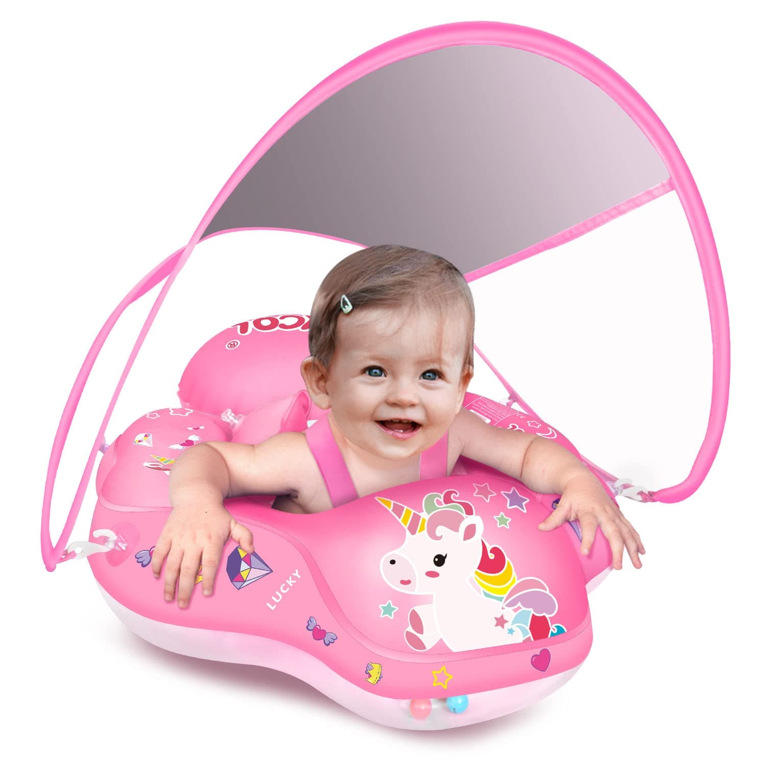 Baby Pool Float No Flip Over, Inflatable Baby Float with Sun Protection Canopy, Baby Swimming Float, Baby Swim Float with Double Air Chambers, Add Tail for Age of 3-36 Months