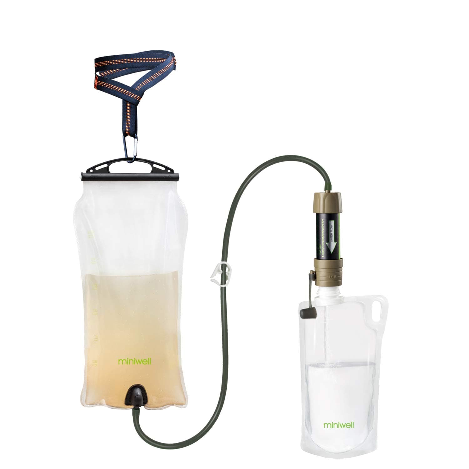 miniwellGravity Water Filter Straw Ultralight Versatile Hiker Water Filter Optional Accessories. TUV Proven Emergency Kit Hurricane Storm Supplies. (Water Filter with Water Reservoir)