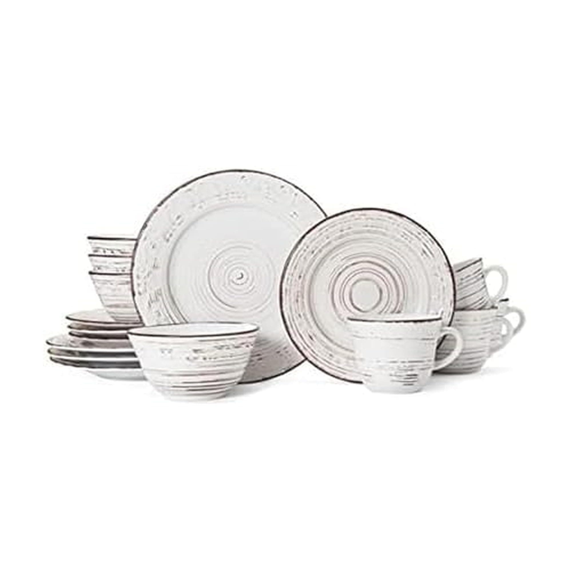 Trellis White 16-Piece Stoneware Dinnerware Set, Service for 4, Distressed White Finish, Microwave & Dishwasher Safe Plates and Bowls