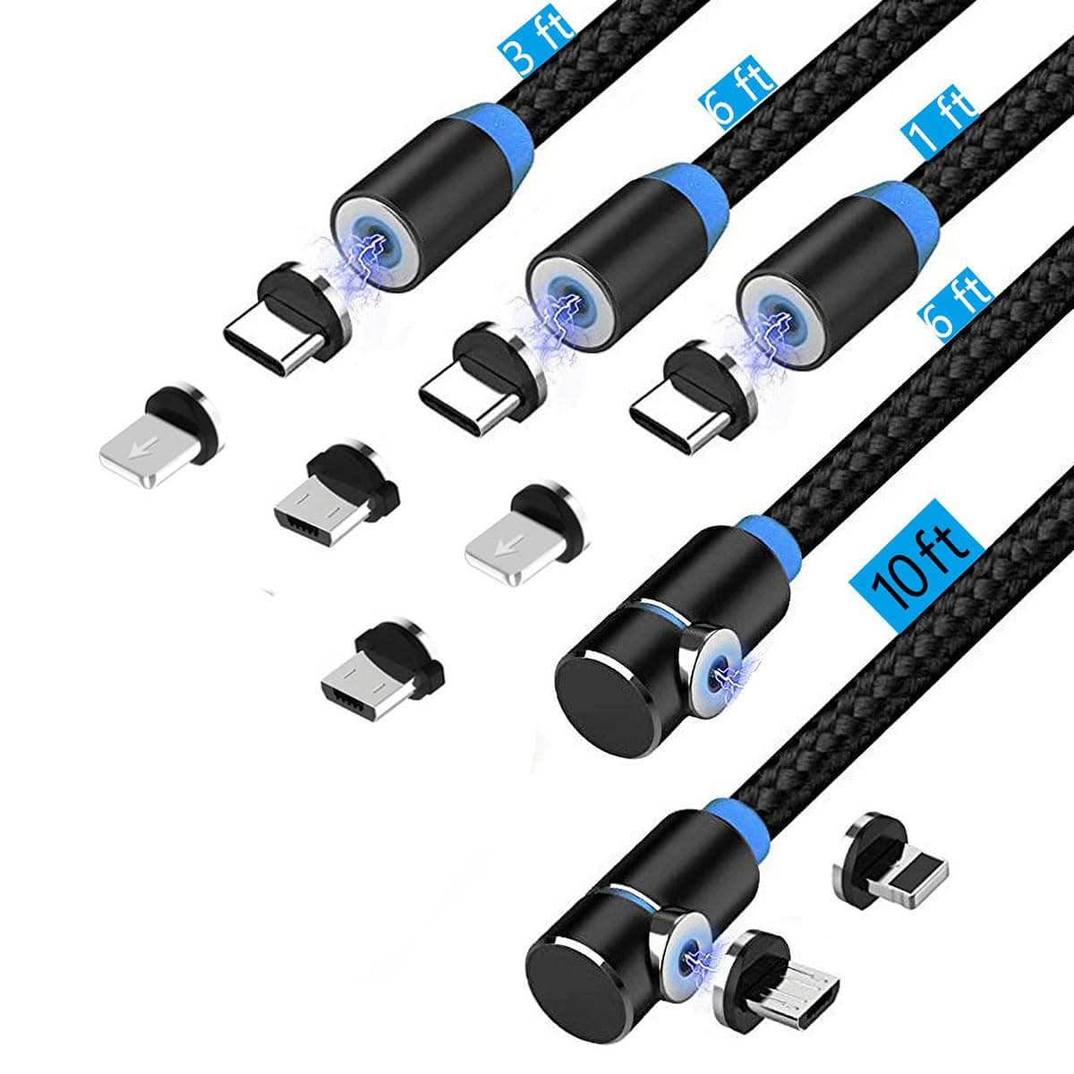 5-Pack Magnetic Charging Cable, 1ft/3ft/6ft/6ft/10ft, 3-in-1 USB Magnetic Cable, Compatible Micro USB, Type C (Black, Gen 1)