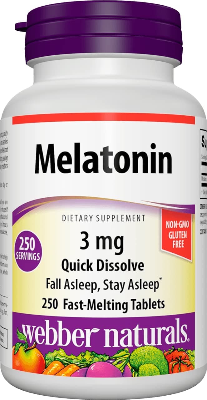 Webber Naturals Melatonin 3 mg, Easy Dissolve, 250 Tablets, 100% Drug Free Sleep Aid for Adults, Gluten Free, Non-GMO, Suitable for Vegetarians