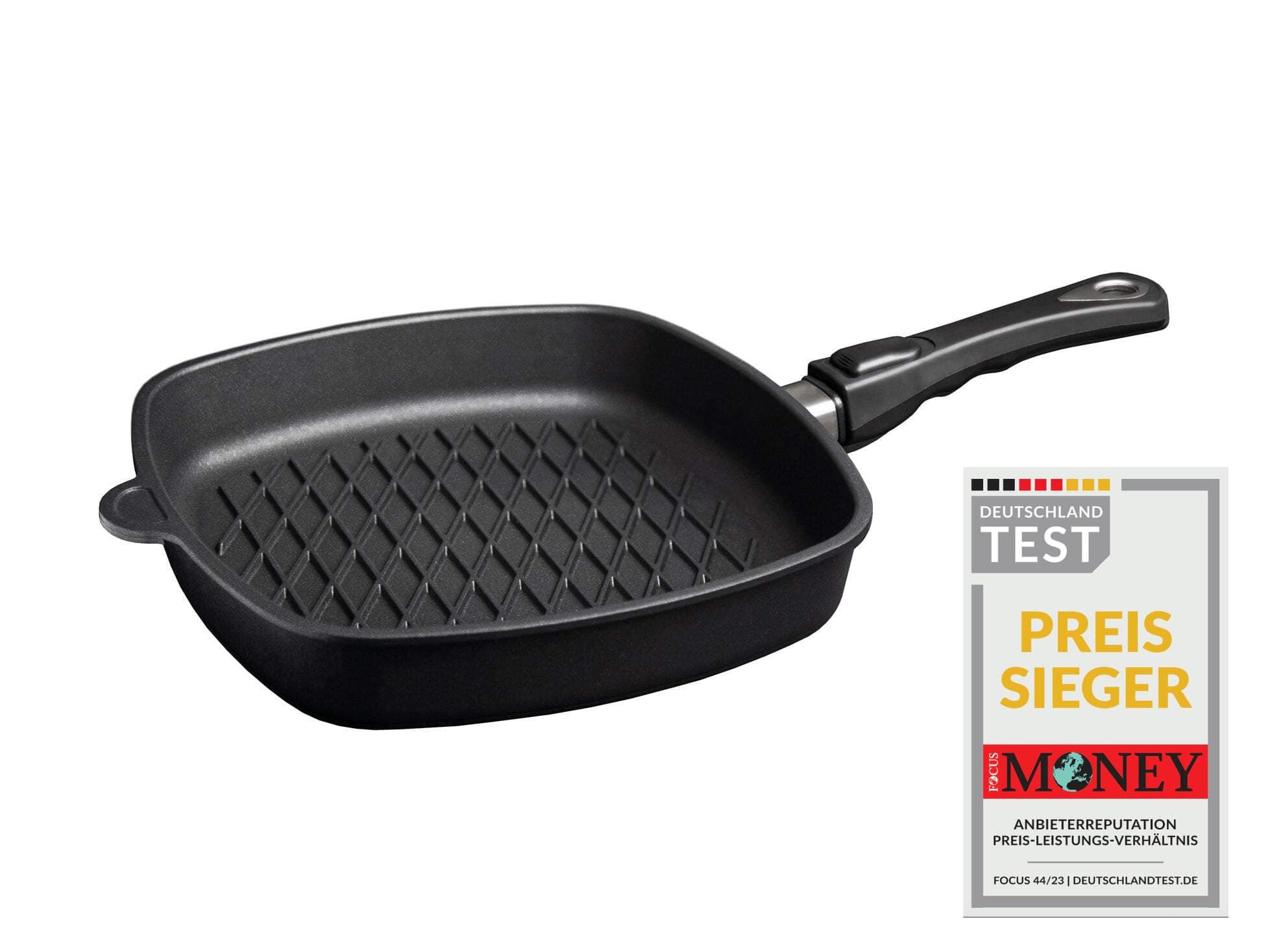 Rectangular pan with BBQ pattern, 28 cm x 28 cm, 5 cm high, removable handle, cast aluminium, Lotan® non-stick coating for fat- frying, AMZN-E285BBQ-Z20B