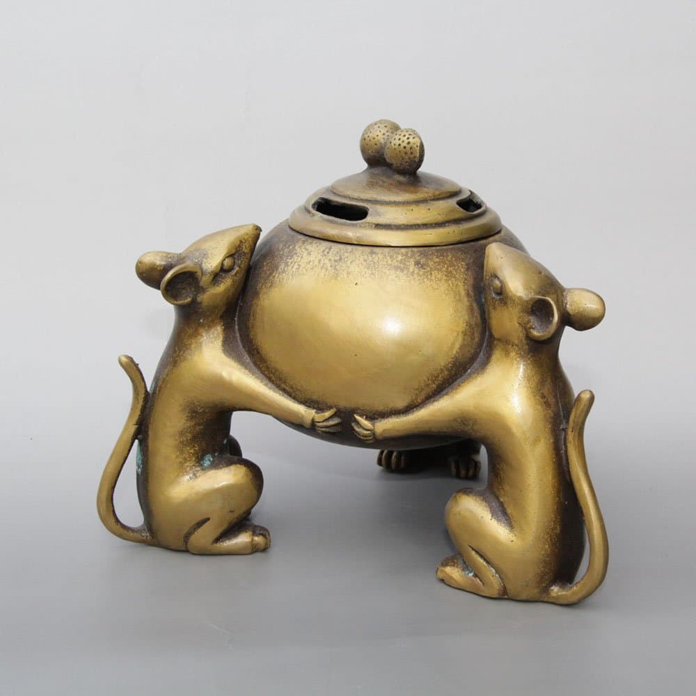 YUNHAO 7" Animal Three Rats Mouse Incense Burner Statue