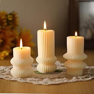 MTLEE 3 Pcs 4.7, 4.2, 3.2 in Height, Small Ribbed Pillar Candles Scented Decorative Candles Soy Wax Aesthetic Modern Geometric Home Decor for Bathroom Living Room(Ivory White)