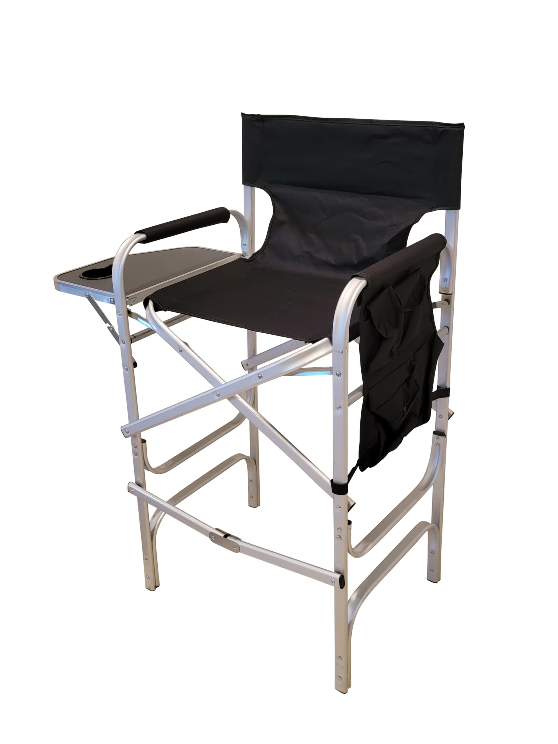 Extra Tall Folding Directors Chair Foldable Chair with Side Table XL Design (Black and Silver)