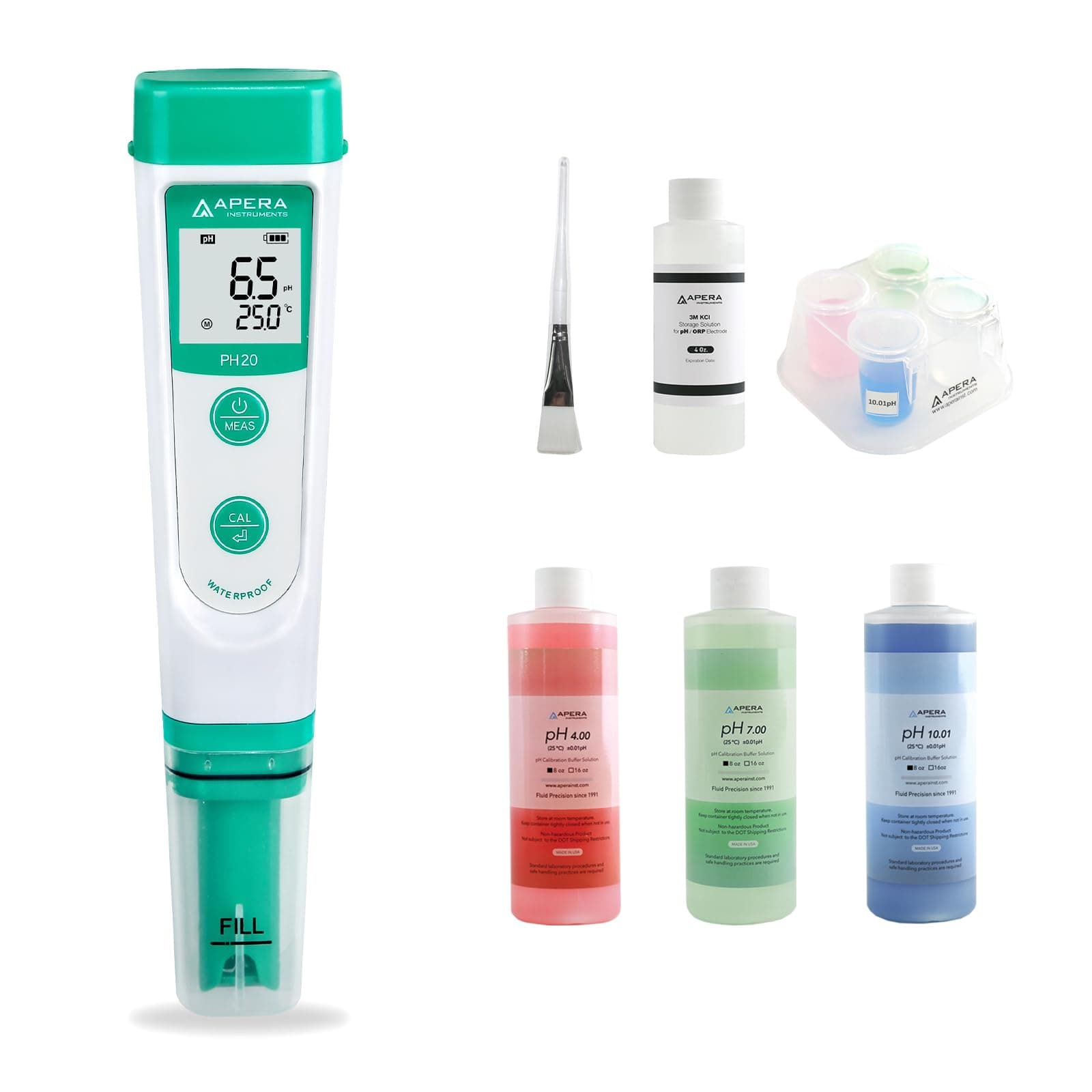 AI209-T Value Series PH20 pH Tester Combo Kit, including the Maintenance Set, and a CalPod Solution Holder for Easy Calibration