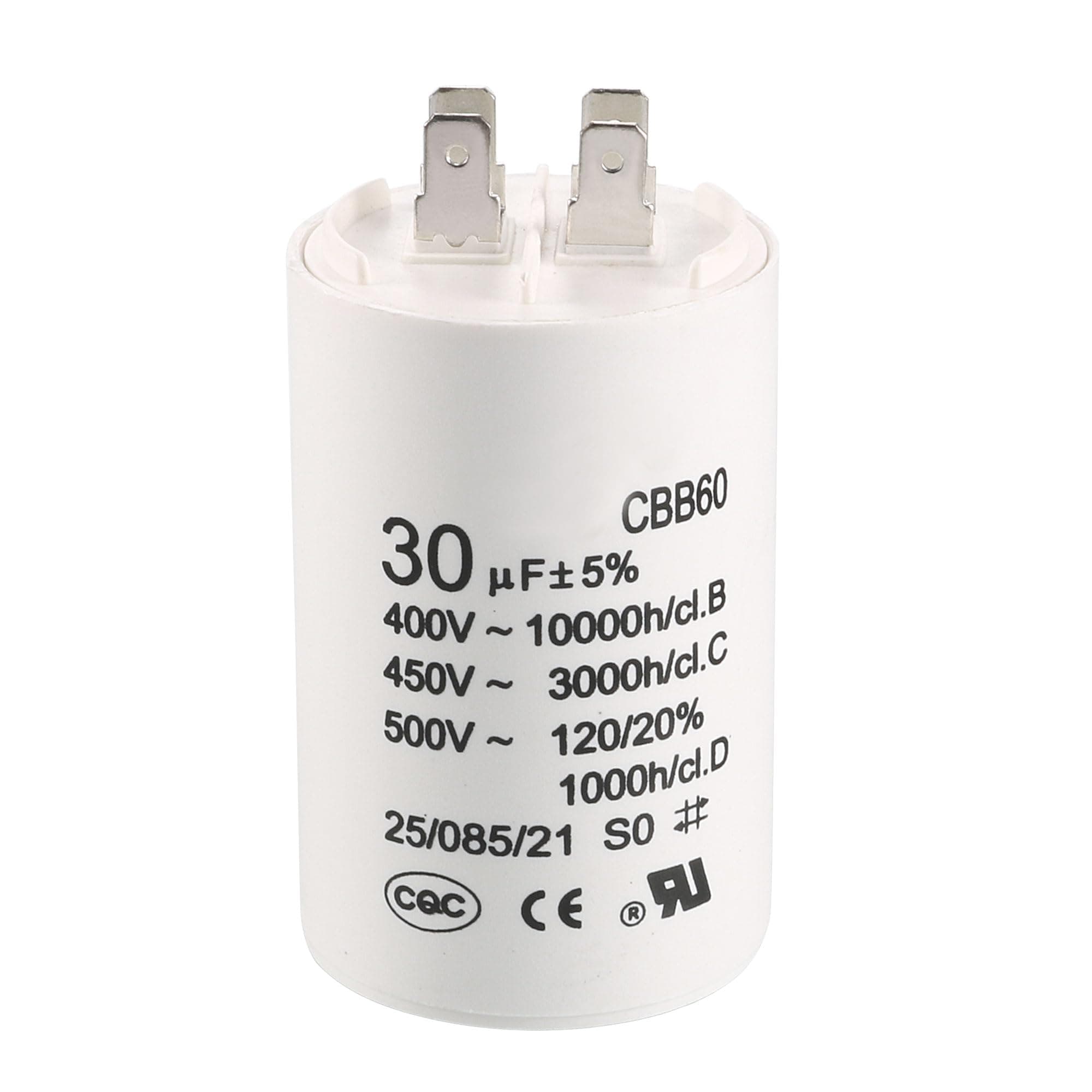sourcing map CBB60 Run Capacitor 30uF 450V AC Double Insert 50/60Hz Cylinder 70x45mm White for Air Compressor Water Pump Motor