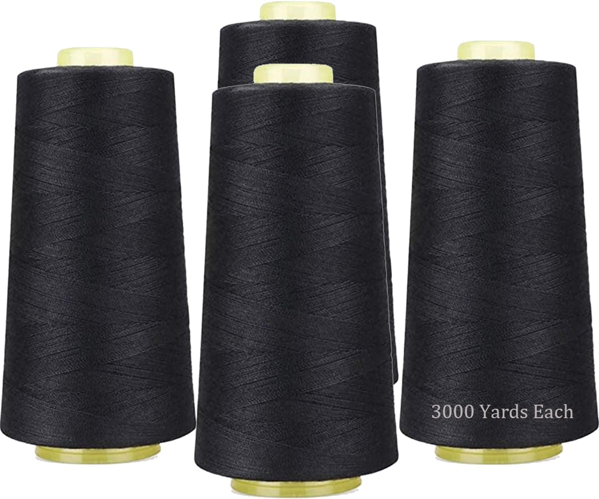 Black Sewing Thread Cones(4 Pack of 3000 Yards Each), All Purpose Polyester Thread Spools for Sewing/Serger Machines, Overlock, Quilting, Hand Embroidery