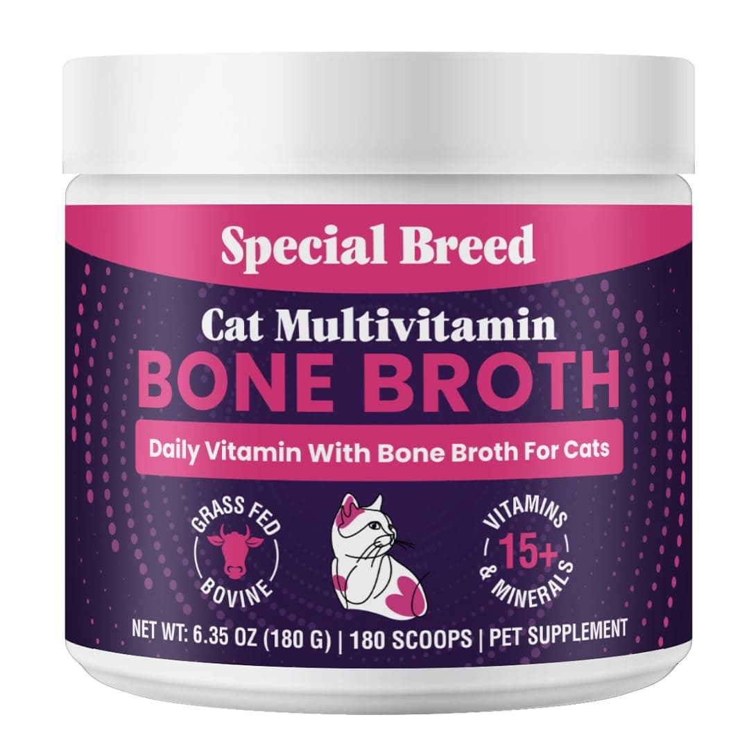 Cat Multivitamin with Grass-Fed Beef Bone Broth – Daily Supplement for Immune, Joint, Skin, Coat & Gut Health – Omega 3s, Lysine, Beta Glucan, Vitamins A-E, C, D – 180 Day Supply – No Fillers