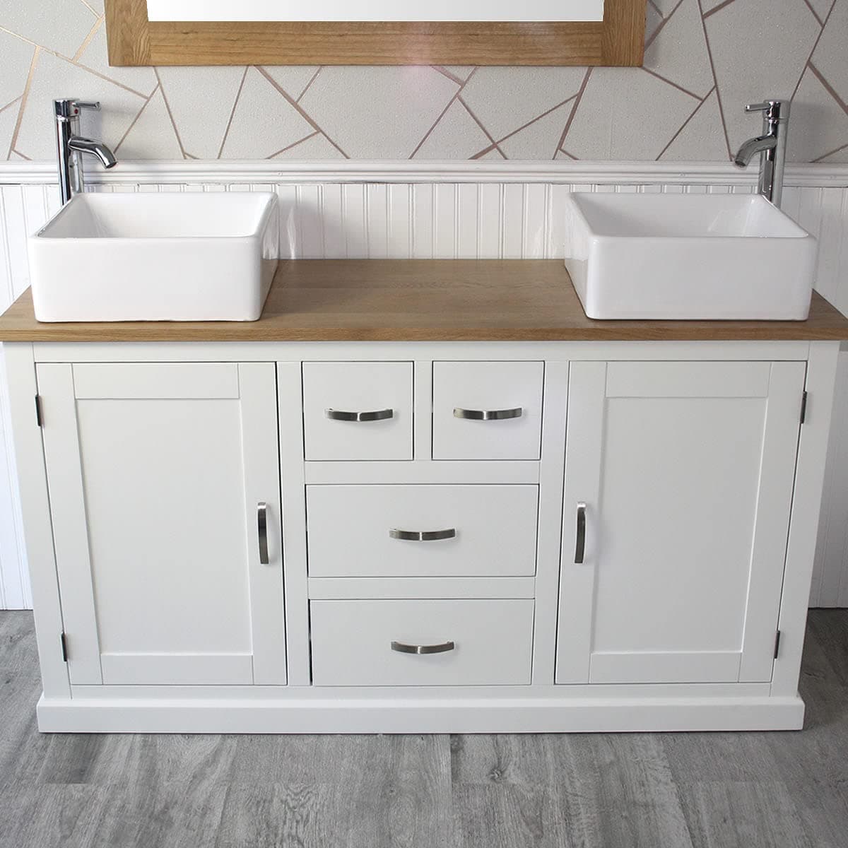 Wooden Bathroom Vanity Unit with 2 Ceramic Basins - Modern Bathroom Sink Cabinet with Drawers - Double Vanity Unit with Chromed Mixer Taps - White Painted - Square Bowl (603PCB035X2)