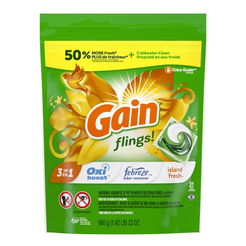 Gain flings Laundry Detergent Soap Pacs, HE Compatible, 31 ct, Long Lasting Scent, Island Fresh