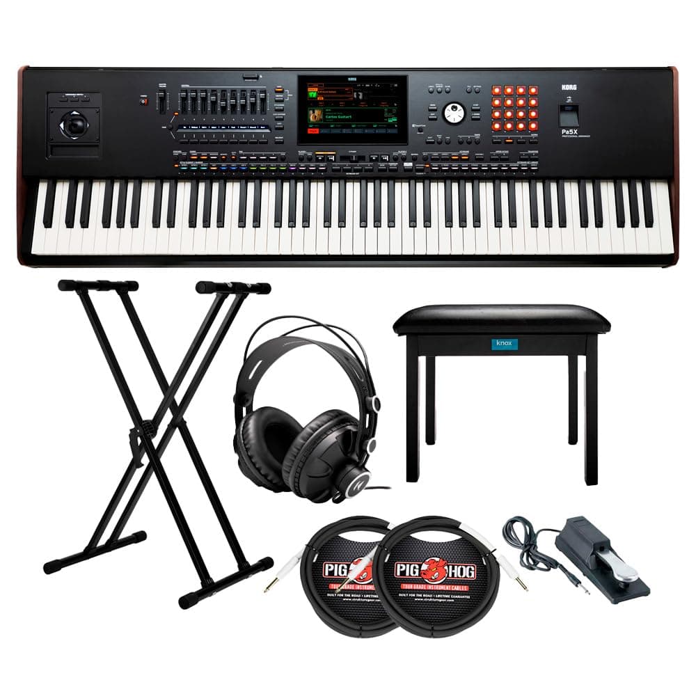 88-Key Pa5X Professional Arranger Bundle with Adjustable Keyboard Stand, Flip-Top Bench, Closed-Back Headphones, Sustain Pedal, and 1/4 Inch TS Cables (7 Items)