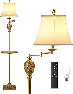 Traditional LED Floor Lamp with 350° Adjustable Swing Arm Lamp – Vintage Standing Pole lamp for Living Room, Bedroom and Office – Rustic Upright Floor Light for Home Décor with Silk Fabric Shade