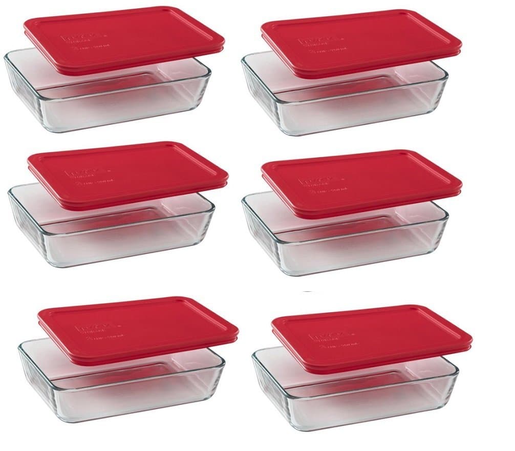 Pyrex3-cup Rectangle Glass Food Storage Sets (3 cup Containers (Pack of 6), White Lid)