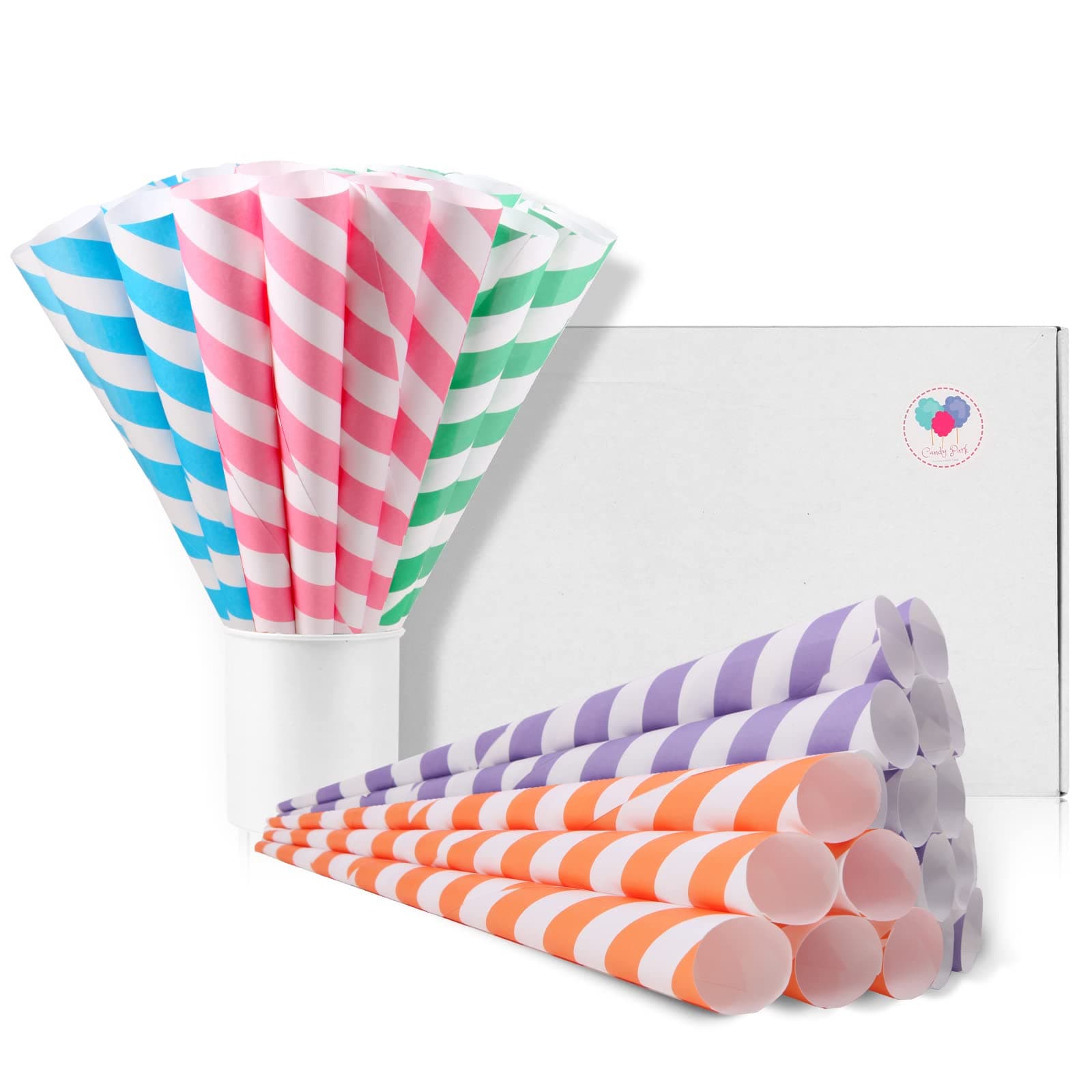Cotton Candy Cones 100 Pack Carnival Theme - Candy Park Multicolor Paper Cones, For Cotton Candy Machines & Candy Floss Sugar, Party Supplies for Birthday, Easter, Celebrartions & Consession Stand