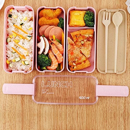 900ml Healthy Material Lunch Box 3 Layer Wheat Straw Bento Boxes Microwave Dinnerware Food Storage Container Lunchbox (Pink)