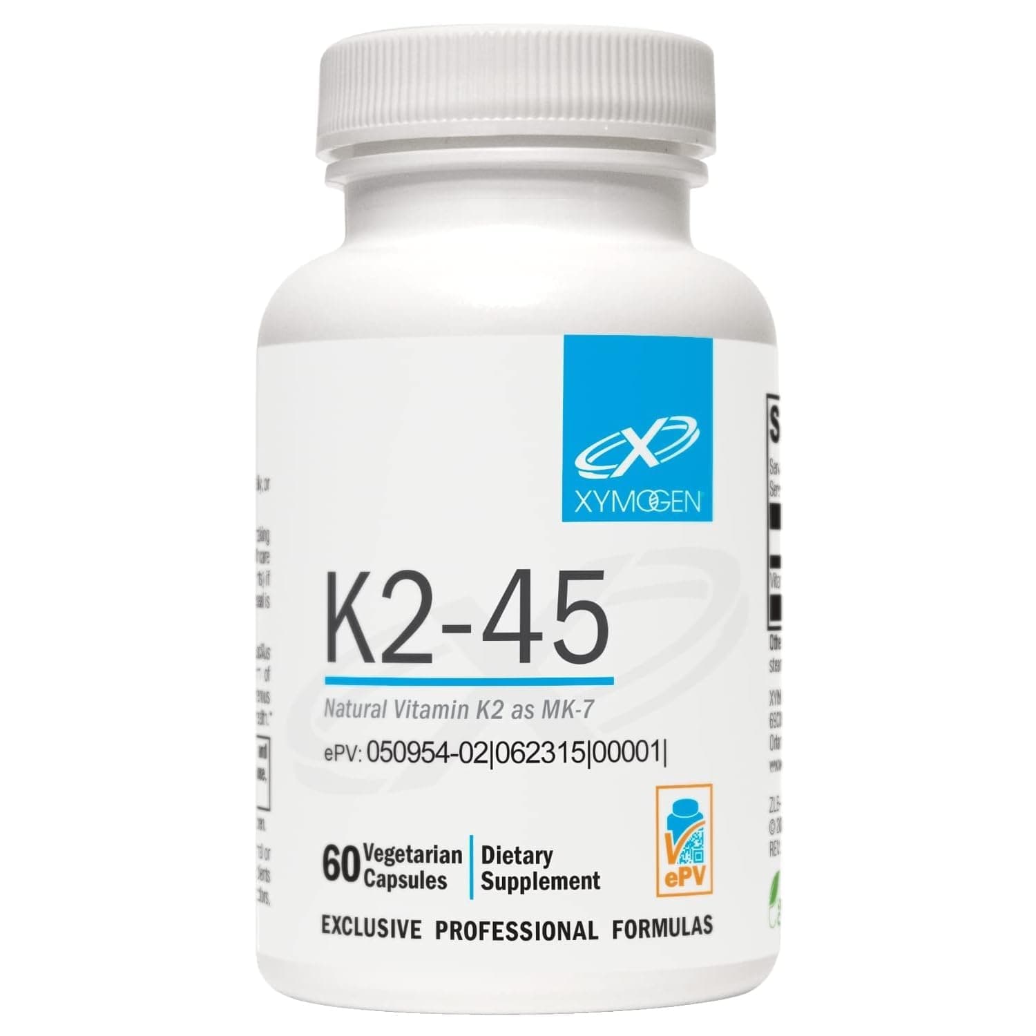 XYMOGEN K2-45 - Bone & Cardiovascular Support - 45 mcg Vitamin K2 - Bioavailable Natto-Derived Vitamin K - Vegetarian, Gluten-Free, Non-GMO - 60 Capsules