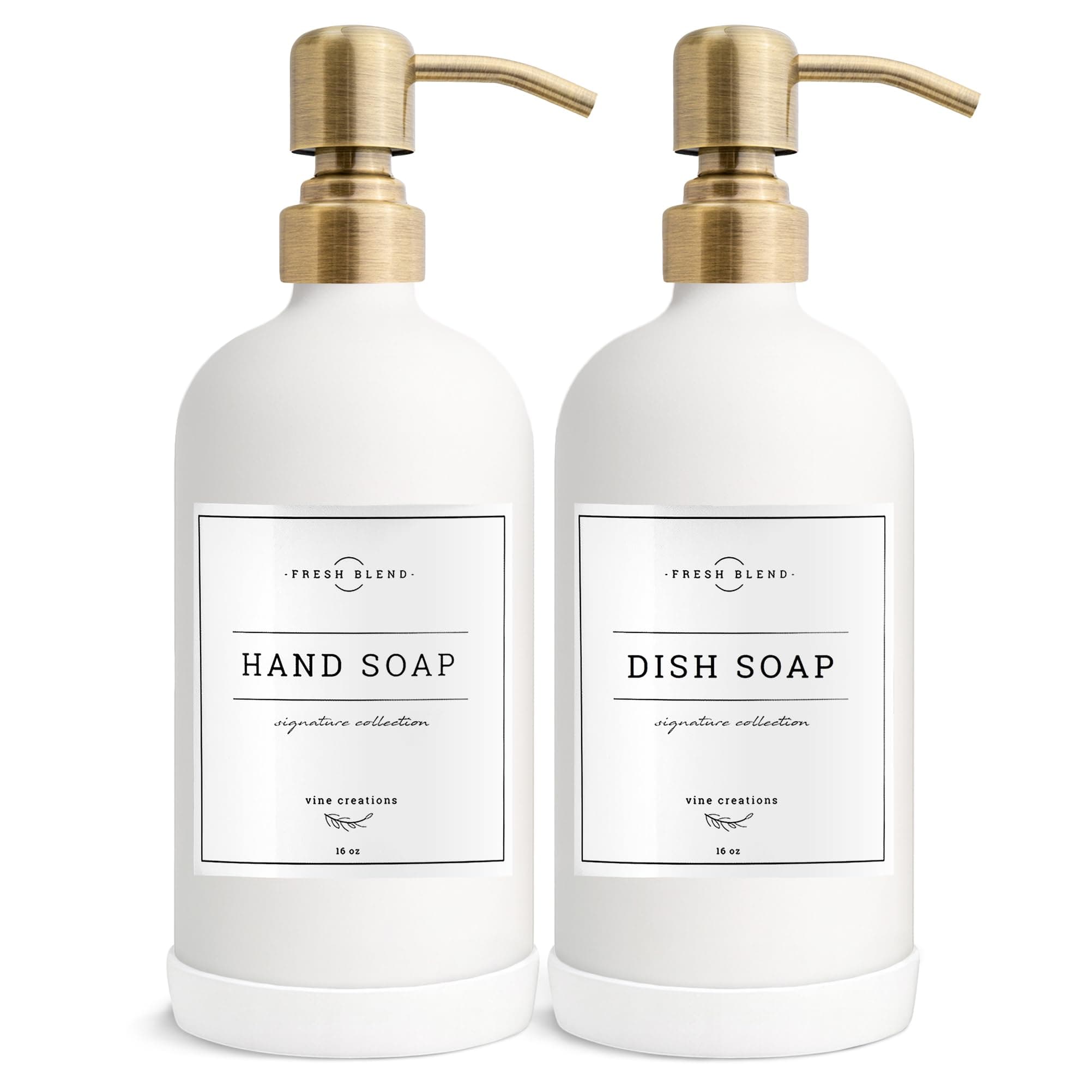 White Glass Soap Dispenser, 2 Pack Kitchen Soap Dispenser Set with Stainless Steel Pump, 16 oz Dish Soap and Hand Soap Dispensers for Bathroom with Waterproof Labels