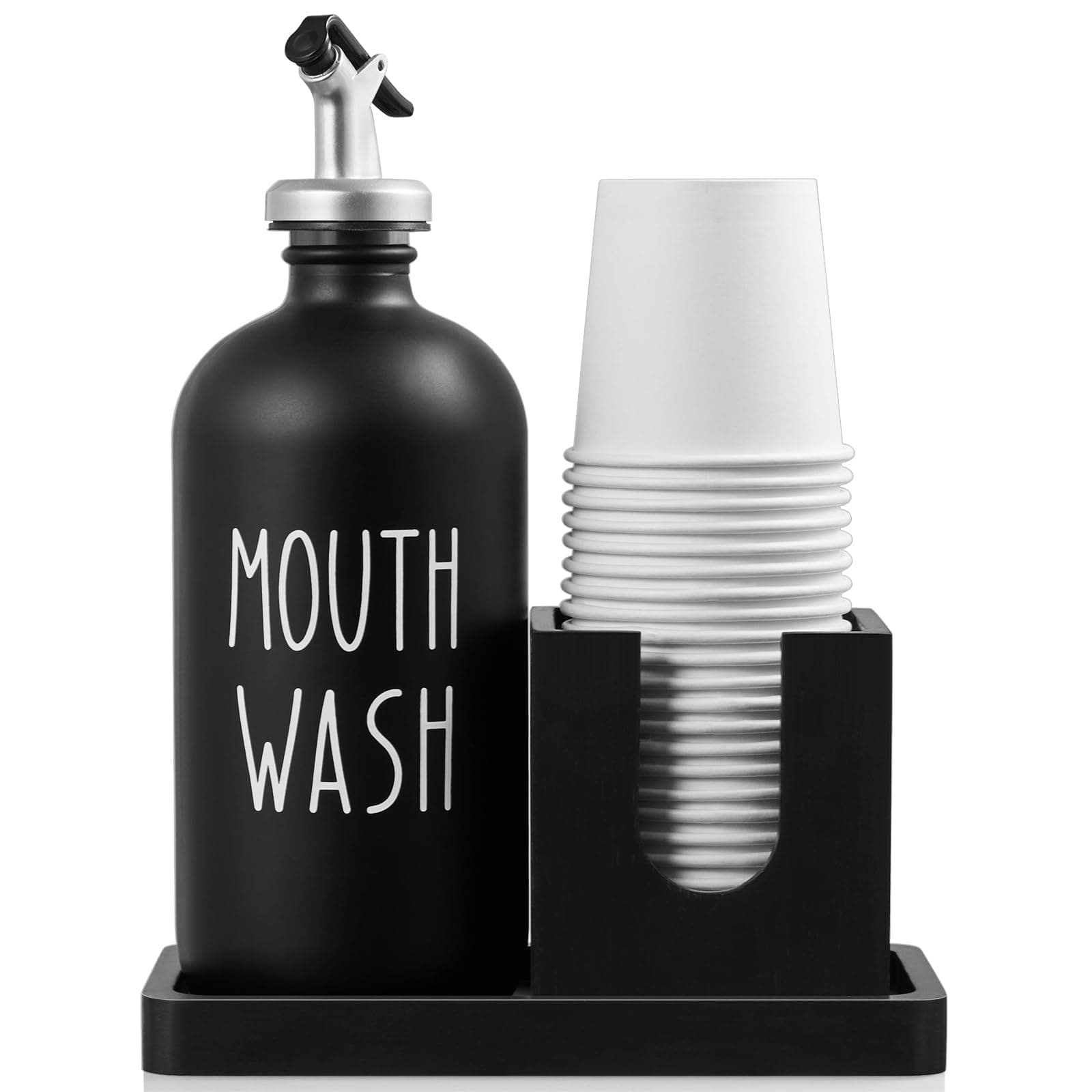 Glass Mouthwash Dispenser for Bathroom, 16 OZ Mouthwash Dispenser with Pour Spout and Wood Cup Holder and Tray, Mouth Wash Bottle Container, Black Kitchen Bathroom Decor and Accessories