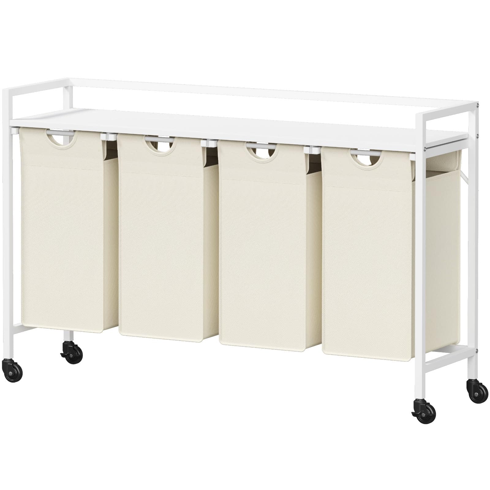 Lifewit Laundry Hamper 4 Section, 168L Pull out Laundry Clothes Basket Organizer with Large Top Shelf and 4 Removable Bags and Handles for Laundry Room Bedroom Bathroom, White with Wheels