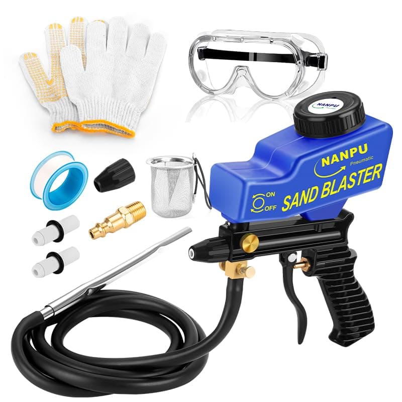 NANPU Light-Duty Air Sandblaster Gun Kit with Siphon & Gravity Feed, Ceramic Nozzle, Metal Body, for Small Project Surface Prep, Paint & Rust Removal, Metal/Wood/Glass Etching, Requires Air Compressor