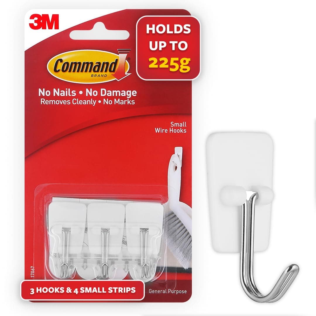 3M Command Small Wire Wall Hooks, Holds Up to 225gms, No Paint damage, Holds Strongly, Reusable, Adhesive hooks for wall, Multi-surface (White, 3hooks, 4 strips)