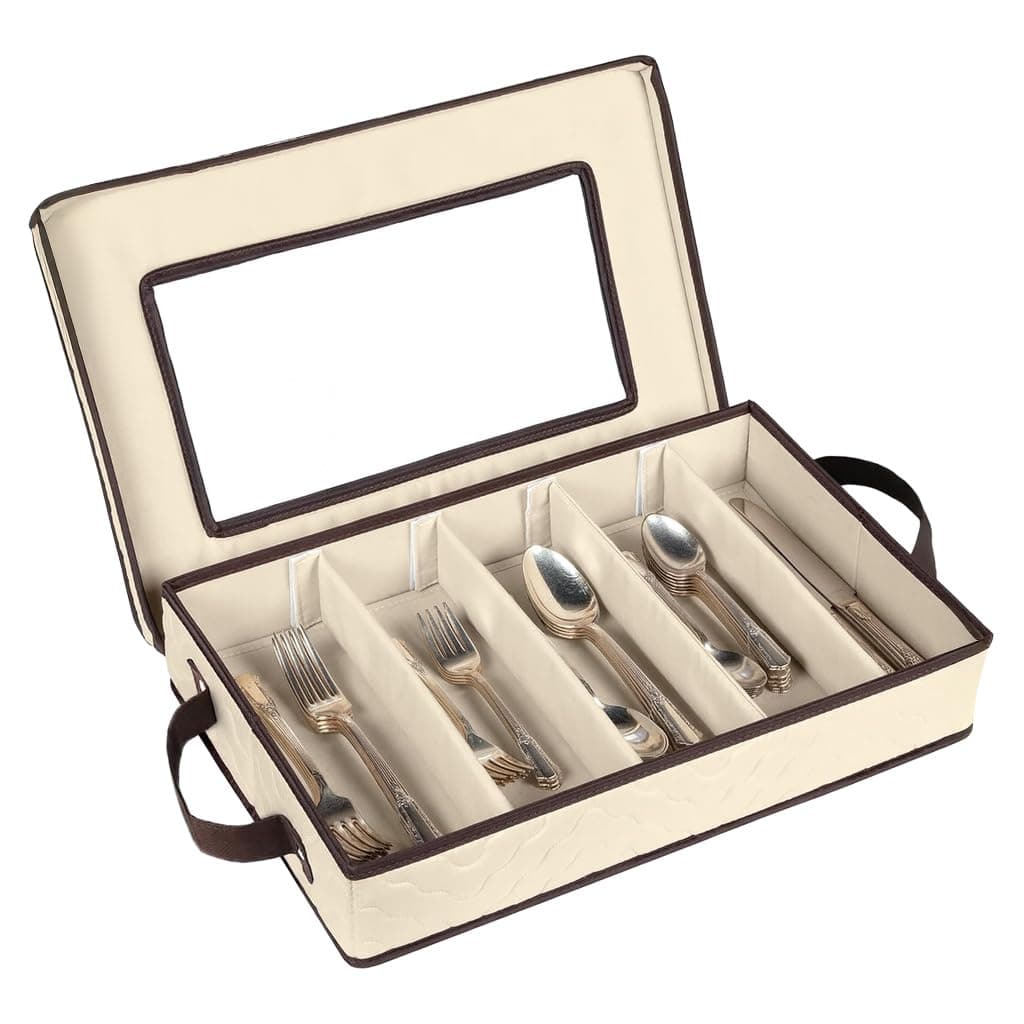 Flatware Storage Case - Tableware Utensil Chest - Durable 5 Compartment Silverware Container with Removable Lid and Easy to Carry Handles - Large Capacity Keeps Your Cutlery Organized and Protected