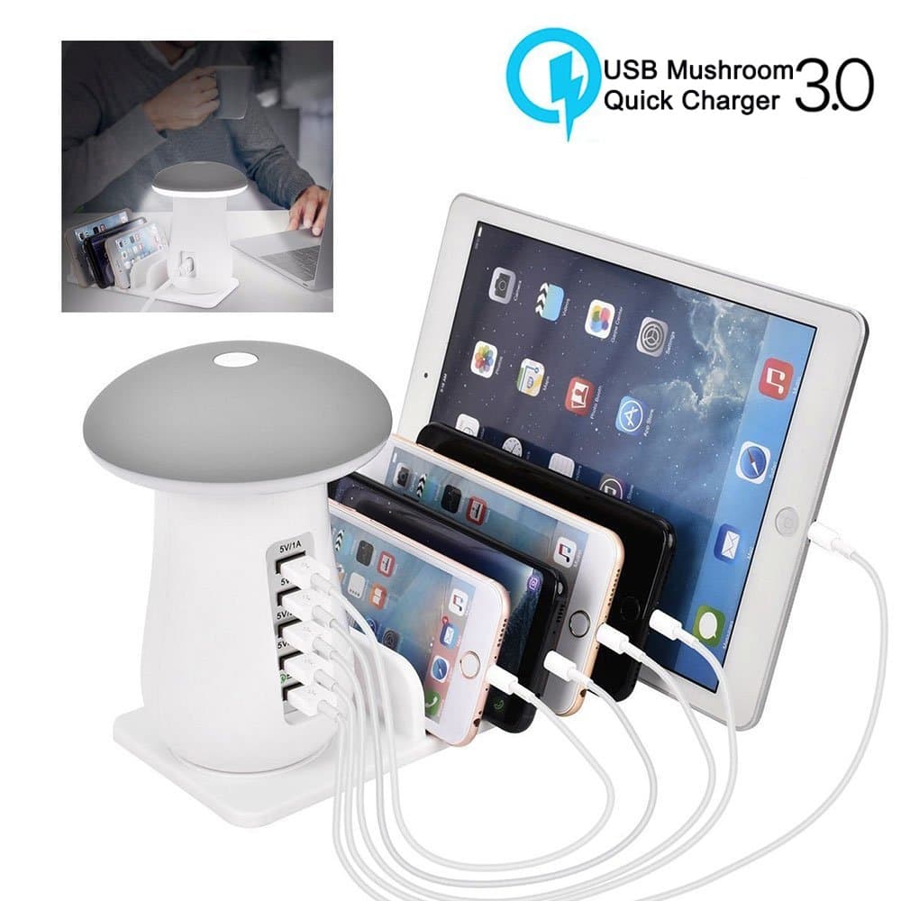 Tempo USB Charging Station, Multi 5-Ports Charging Dock Desktop Charging Stand with QC 3.0 Quick Charge, Mushroom LED Night Light for Kindle iPhone Apple Cell phone and Android Devices-White