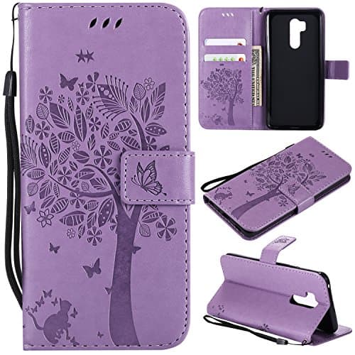 for LG G7 ThinQ Case,for LG G7 Wallet Case with Screen Protector,for LG G7 PU Leather Protective Case Emboss Cat Tree Folio Magnetic with Card Holder Kickstand and Flip Case for LG G7 Light Purple