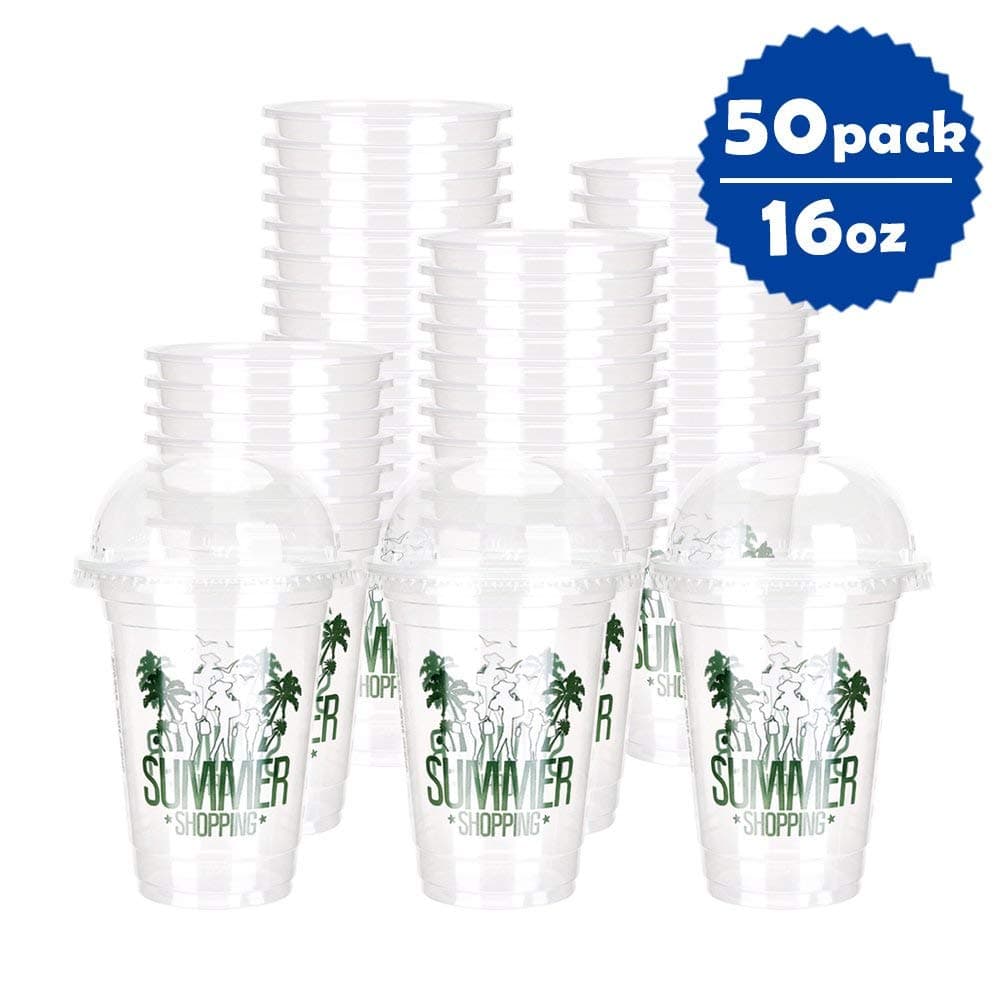 OTOR 16oz 50Sets Printed Disposable Plastic Cups with Dome Lids