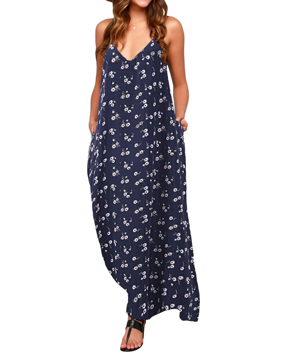 ZANZEA Women's Sleeveless Maxi Dress Floral Print Spaghetti Straps Casual Beach Long Dresses Navy US 6-8