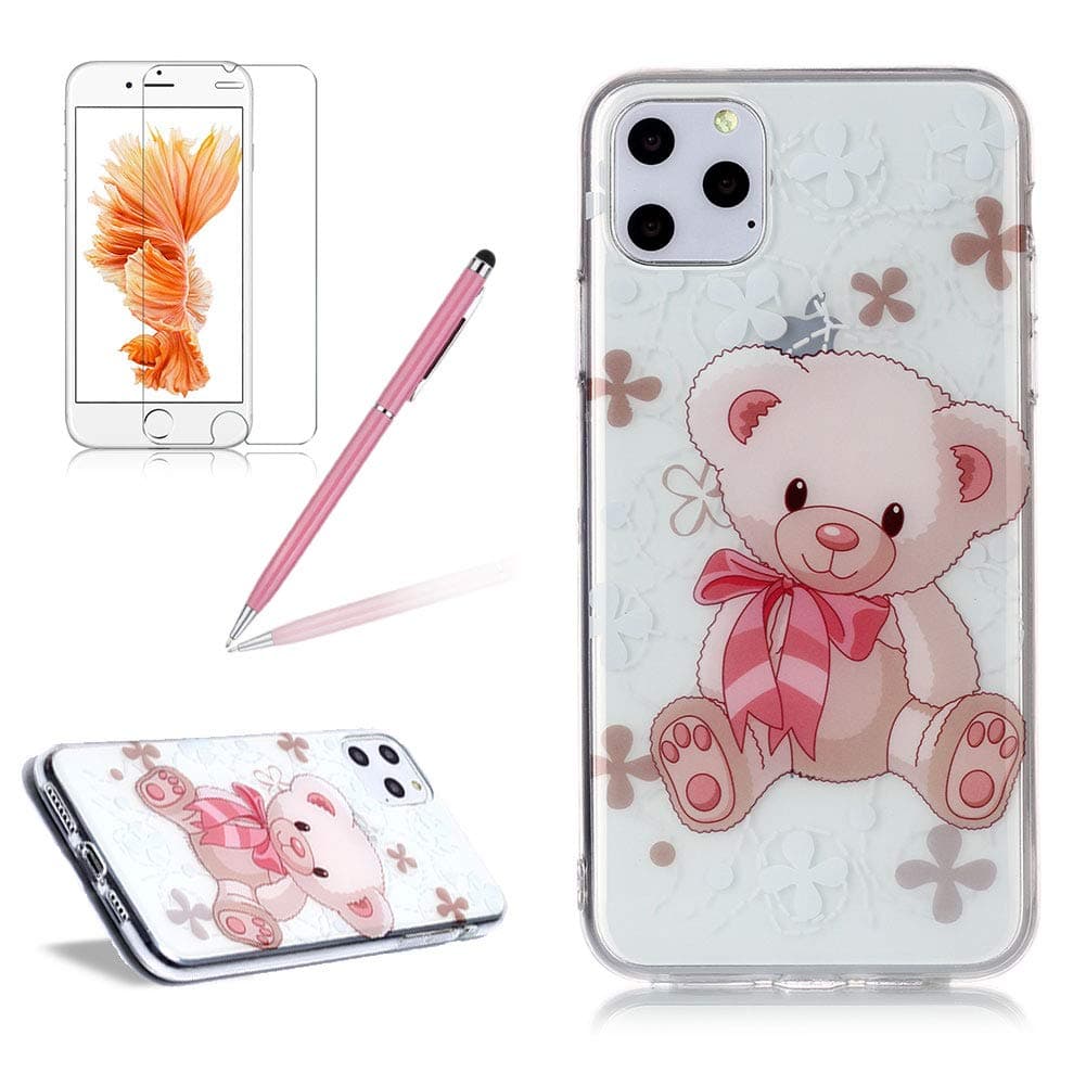 Silicone Gel Case for iPhone 11 Pro Max 6.5 Inch,Girlyard Colorful Pattern Cute Doll Bear Design Crystal Clear Ultra Slim Soft Rubber BumperTransparent Shockproof TPU Protective Phone Cover Skin