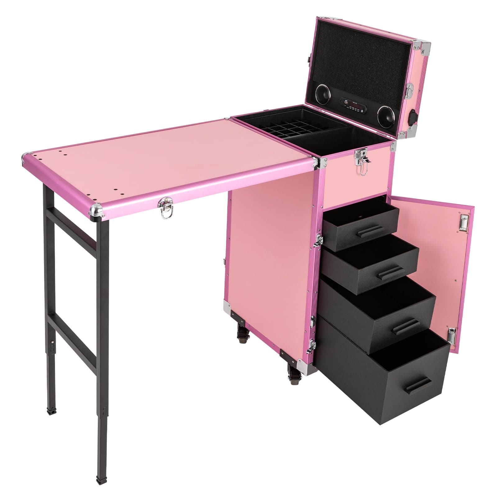 Rolling Manicure Table Makeup Train Case, Portable Nail Table Travel Cosmetic Trolley Storage Organizer Travel Nail Desk Nail Tech Travel Case with 4 Drawers Mirror & Speaker