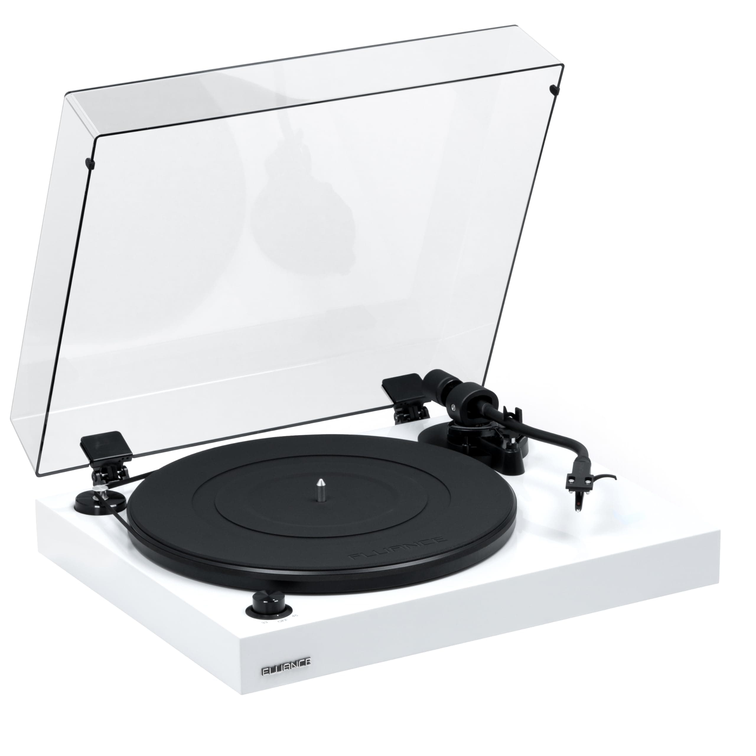 RT82 Reference High Fidelity Vinyl Turntable Record Player with Ortofon OM10 Cartridge, Speed Control Motor, High Mass MDF Wood Plinth, Vibration Isolation Feet - Piano White