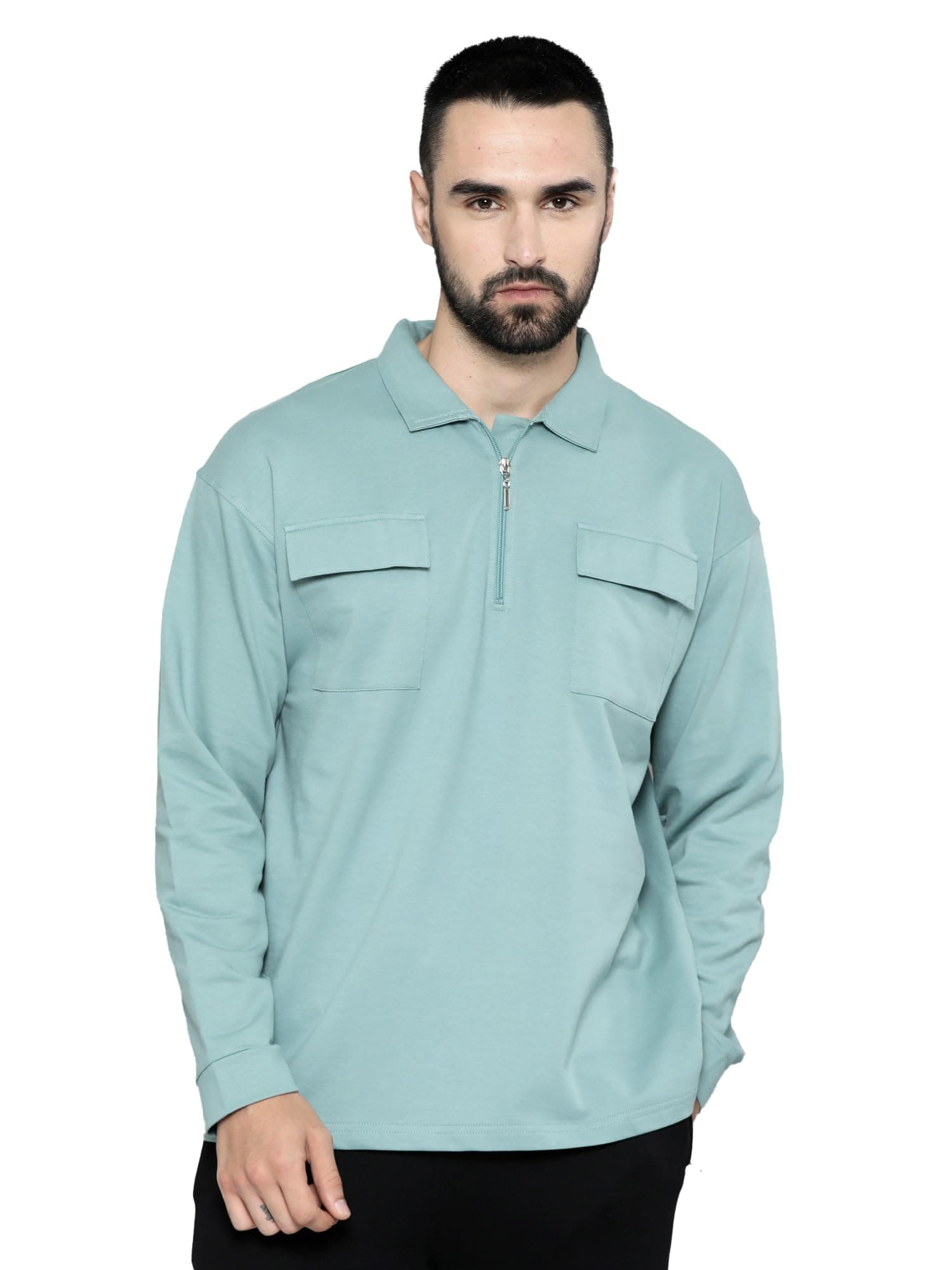 Maniac|| Mens || Solid || Oversized || Polo Neck ||Double Pocket || Full Sleeve || Cotton || Polo T-Shirt