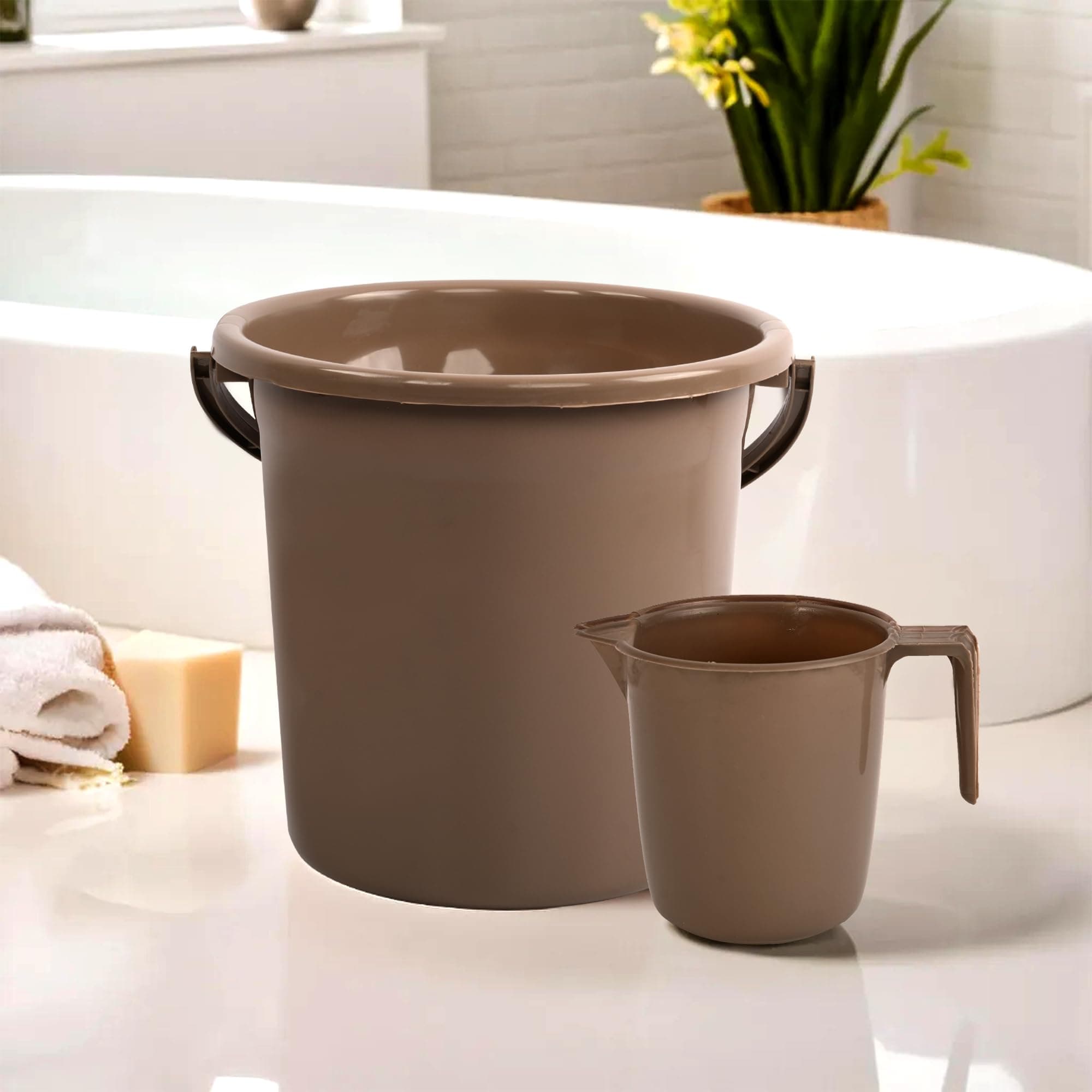 Kuber Industries Set of 2 Bathroom Combo Set | Bathware Bathing Set | Bathing Set | Bucket & Mug Combo Set for Bathroom | Modern Bathroom Accessories Set | Brown