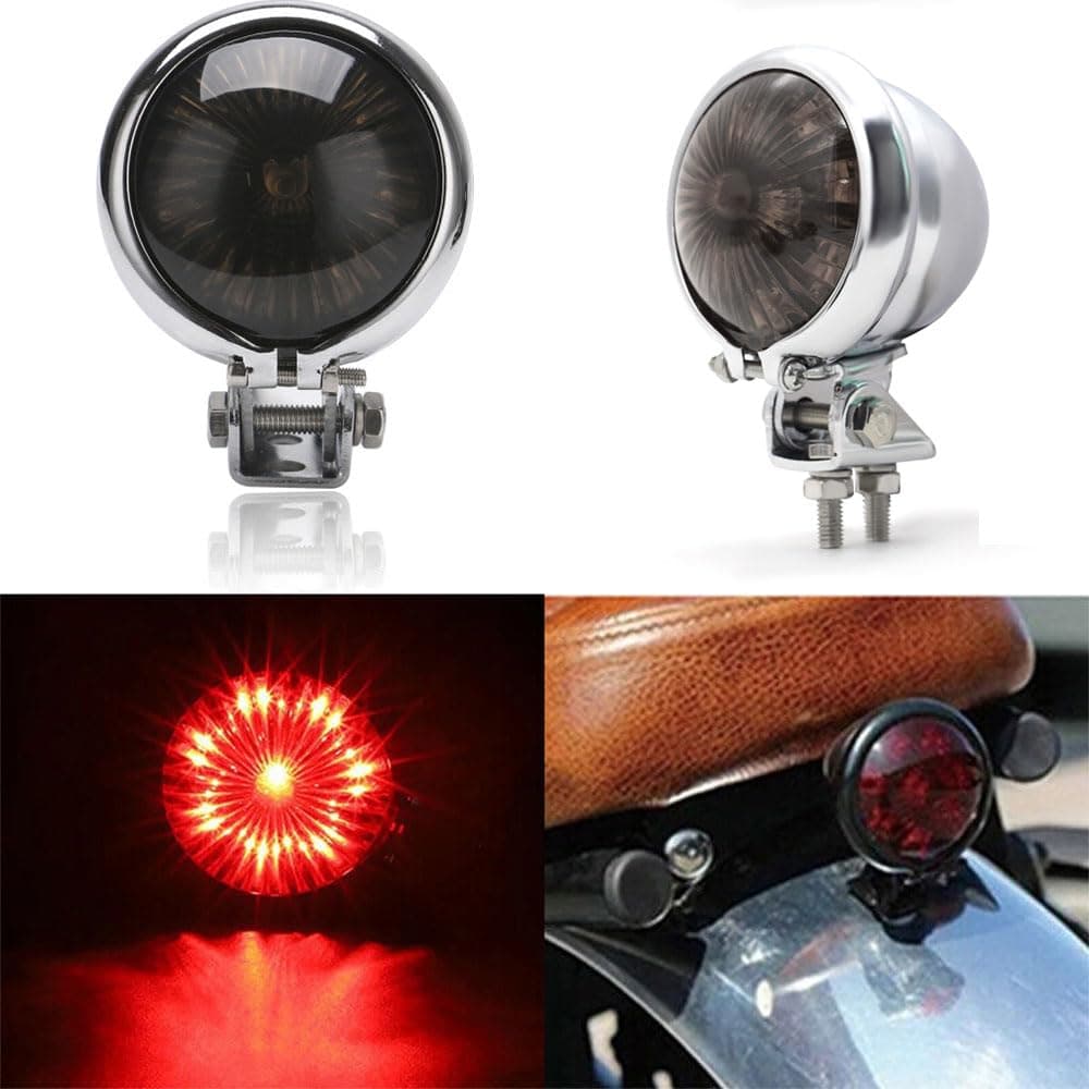 Motorcycle LED Tail Light, Brake Tail Light, Brake Tail Light for ATV, Coffee, Runner, Bobber, Chopper, Cruiser, Stop Light (Black Silver)