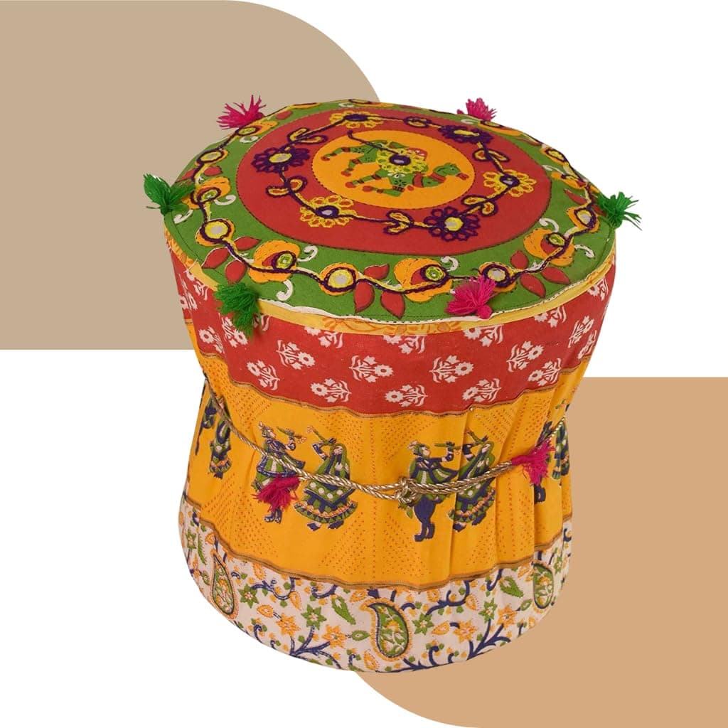 Dantawood Rajasthani Cotton Mudda Multicolour, Mudda House Cane Bar Stool Mudda for Outdoor&Garden Balcony Furniture (Set of-1)