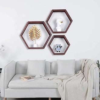 PHOENANCEE Hexagon Floating Shelves,Honeycomb Shelf Set of 3,Wood Farmhouse Hexagonal Decor Wall Storage for Living Room Bedroom Kitchen Office(Walnut)