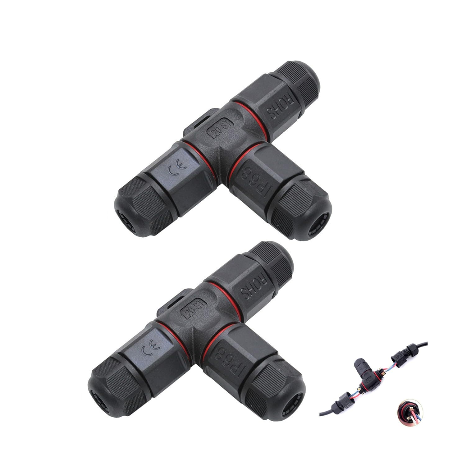 Joyzzz Junction Box Cable Connector, 2 PCS 3 Way Black Waterproof Outdoor, External Electrical Box Sleeve, Cable Connector for Outdoor Use