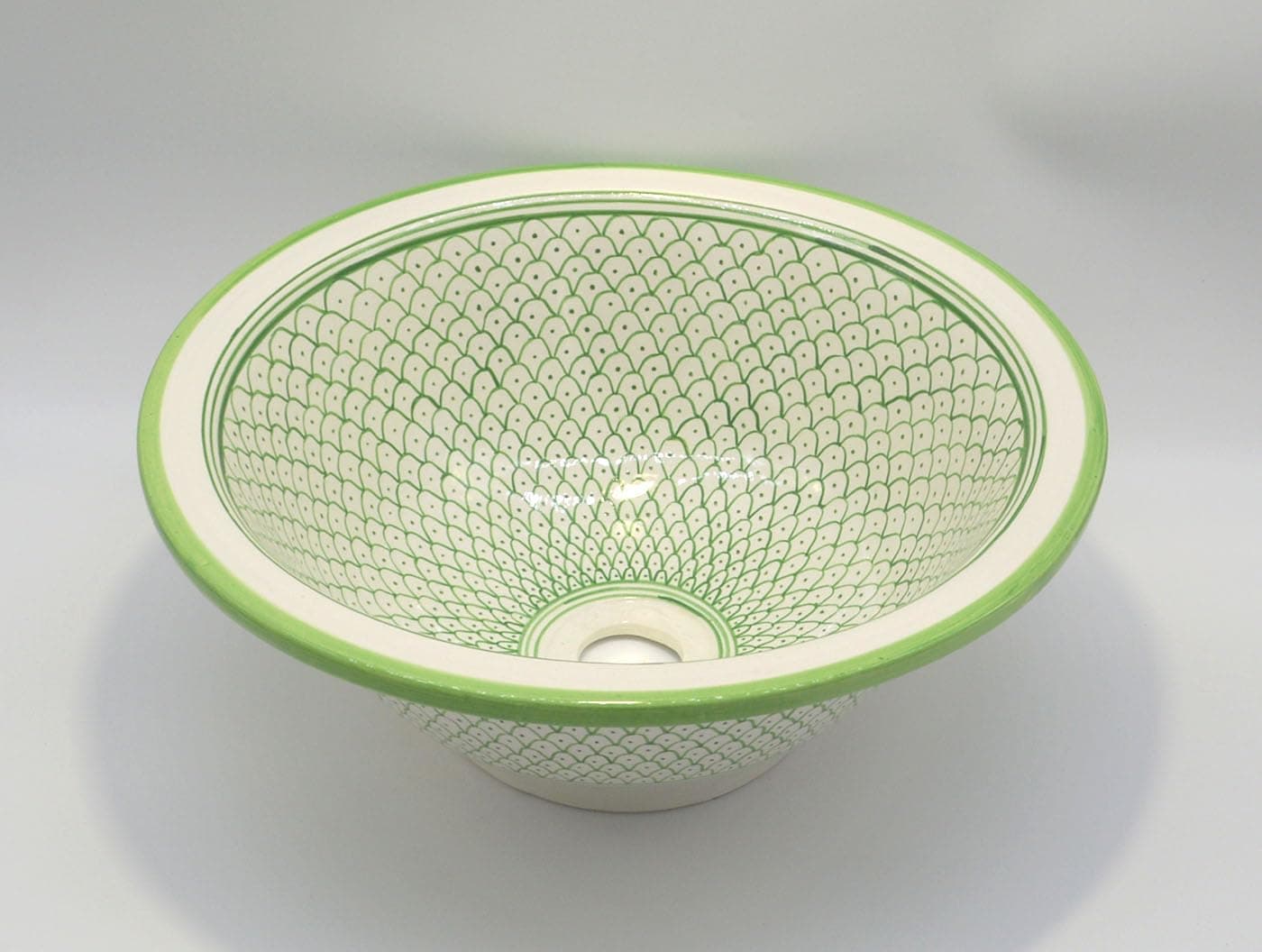 Hand Painted Fish Scale with Lips Lime Green and White Moroccan Ceramic Bathroom Sink Basin - Round, Painted Inside Out - White Clay - Ø 30 H 14 cm