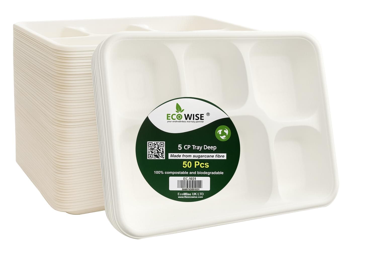 Best House EcoWise 100% Compostable and Biodegradable 5 Compartment Dinner Plates, 5CP Food Tray, Eco-Friendly Disposable Sugarcane Paper Trays (Pack of 50 PCS)