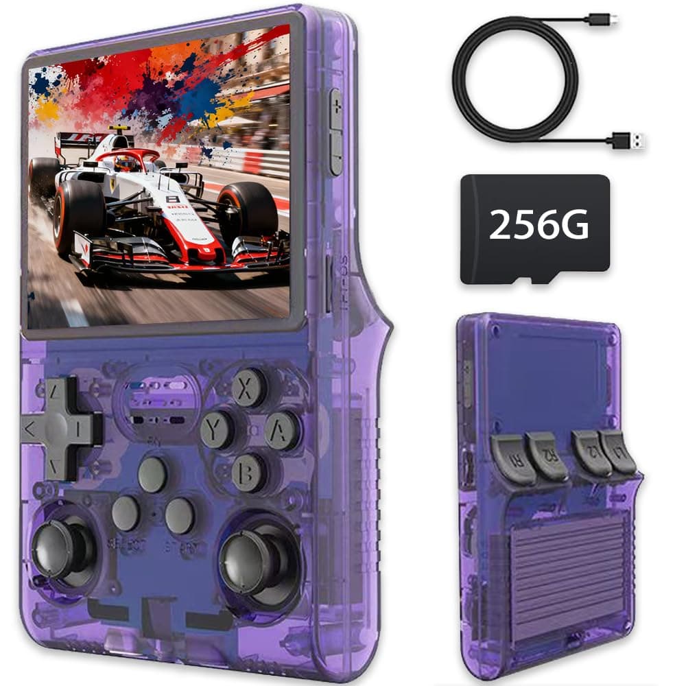 R40S Pro Retro Game Console,Portable Handheld Video Game Console ，3.5 inch IPS Screen with 256G Card &30000+ Games,Built in 45 Emulators,3800mAh Battery (Purple)