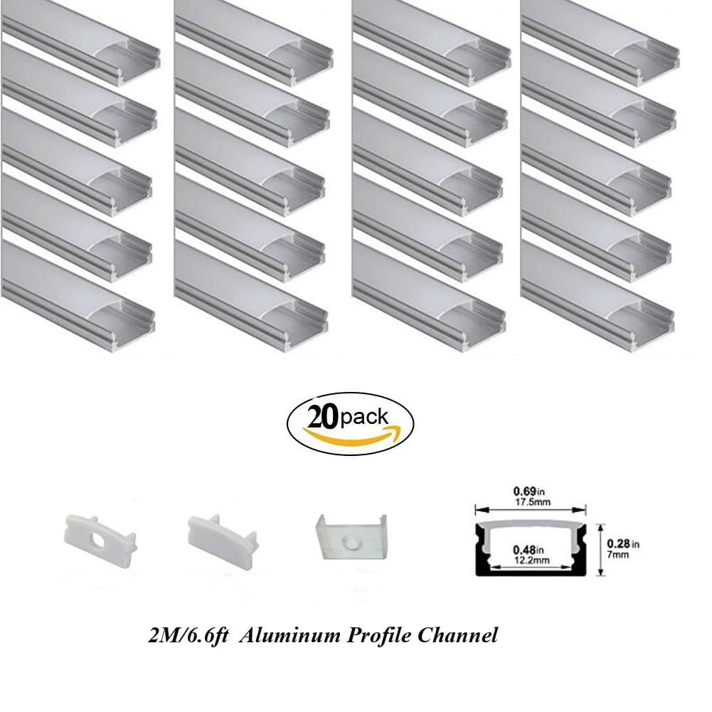 Hanks LED Aluminum Profile 17.5*7mm Silver U-Shape Internal Width 12mm Channel System with Cover, End Caps and Mounting Clips Aluminum Channel for LED Strip Light (P16（20x2M-Pack）)
